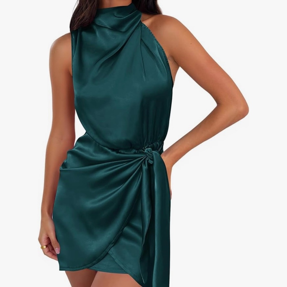Elegant Teal Halterneck Satin Dress